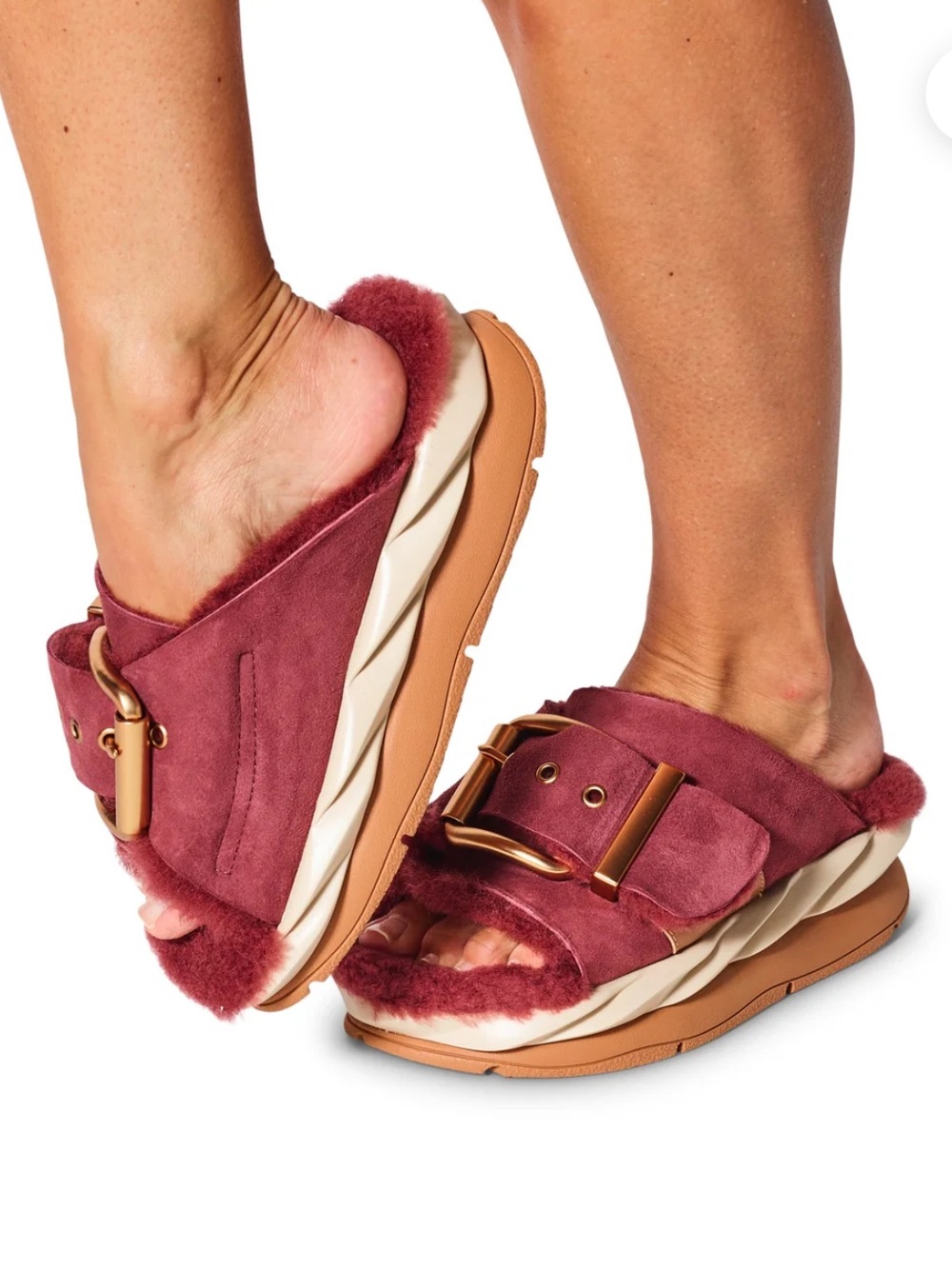 NEW 4CCCCEES Womens Mellow Laze Shearling Rose  Sherpa Slides Size 8.5 UE 39
